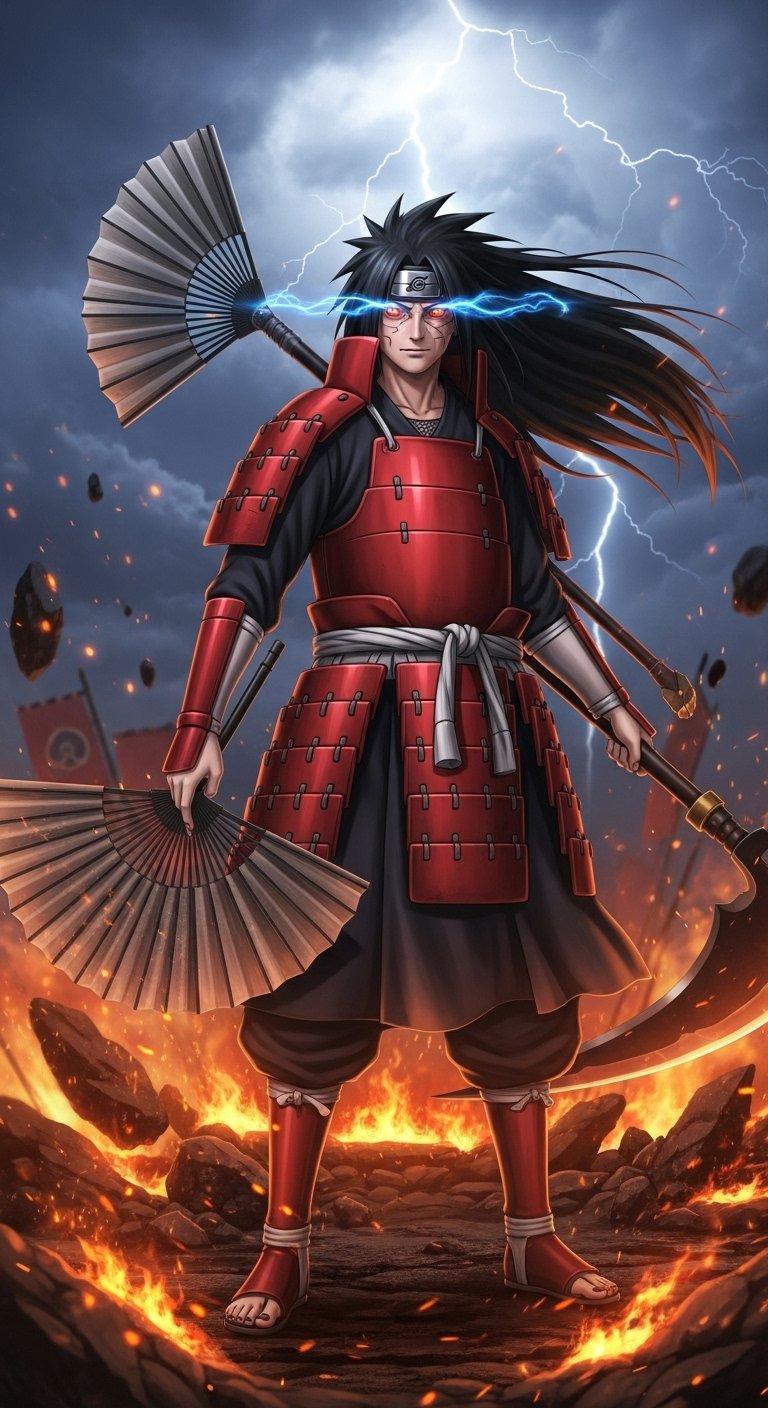 Madara Uchiha powerful warrior in red samurai armor with glowing Sharingan eyes