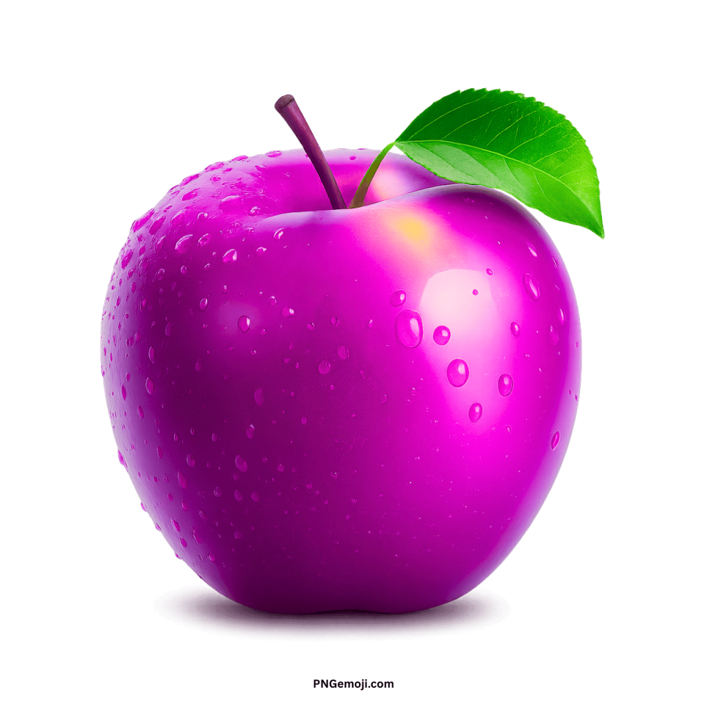 A vibrant magenta-pink apple with a glossy surface, covered in water droplets and a fresh green leaf.