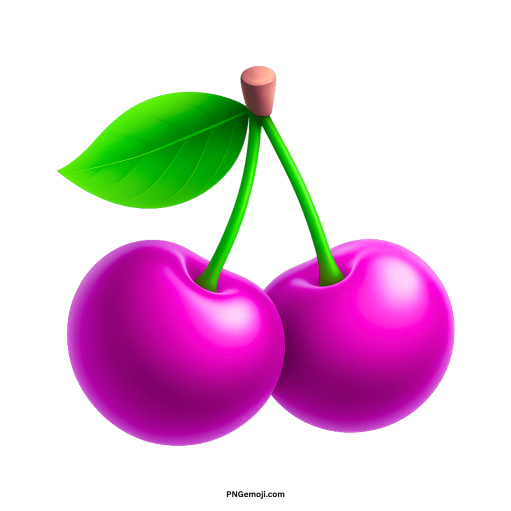 A pair of vibrant magenta cherries with a green leaf and stems. 