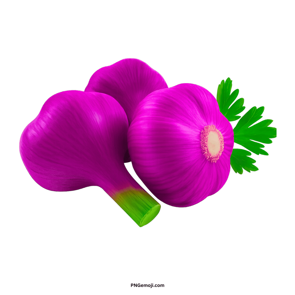  Vivid magenta garlic bulbs with fresh green parsley on a striking black background PNG.