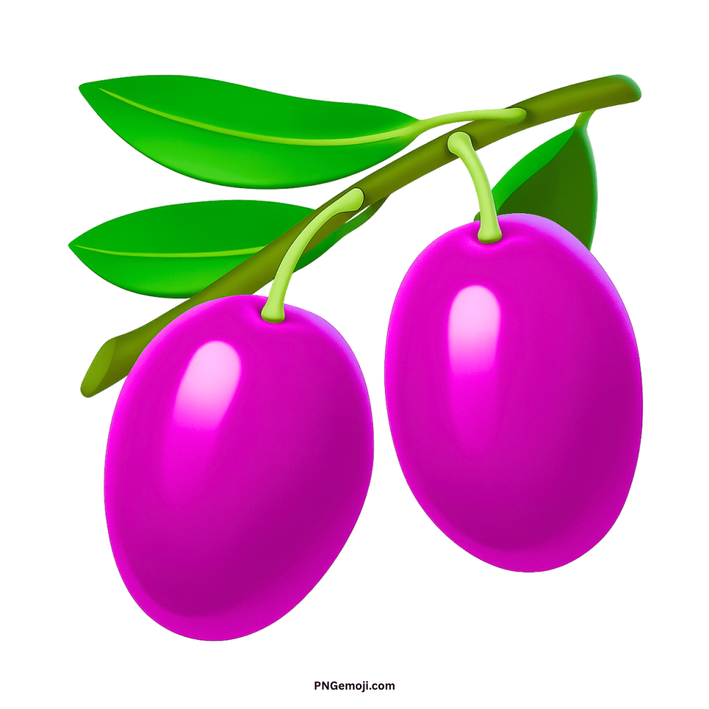  A vibrant magenta or fuchsia olive emoji with green leaves on a branch, set against a black background.
