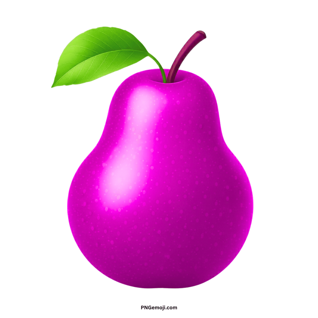 A vibrant magenta pear emoji with a shiny surface, green leaf, and a purple stem on a black background.