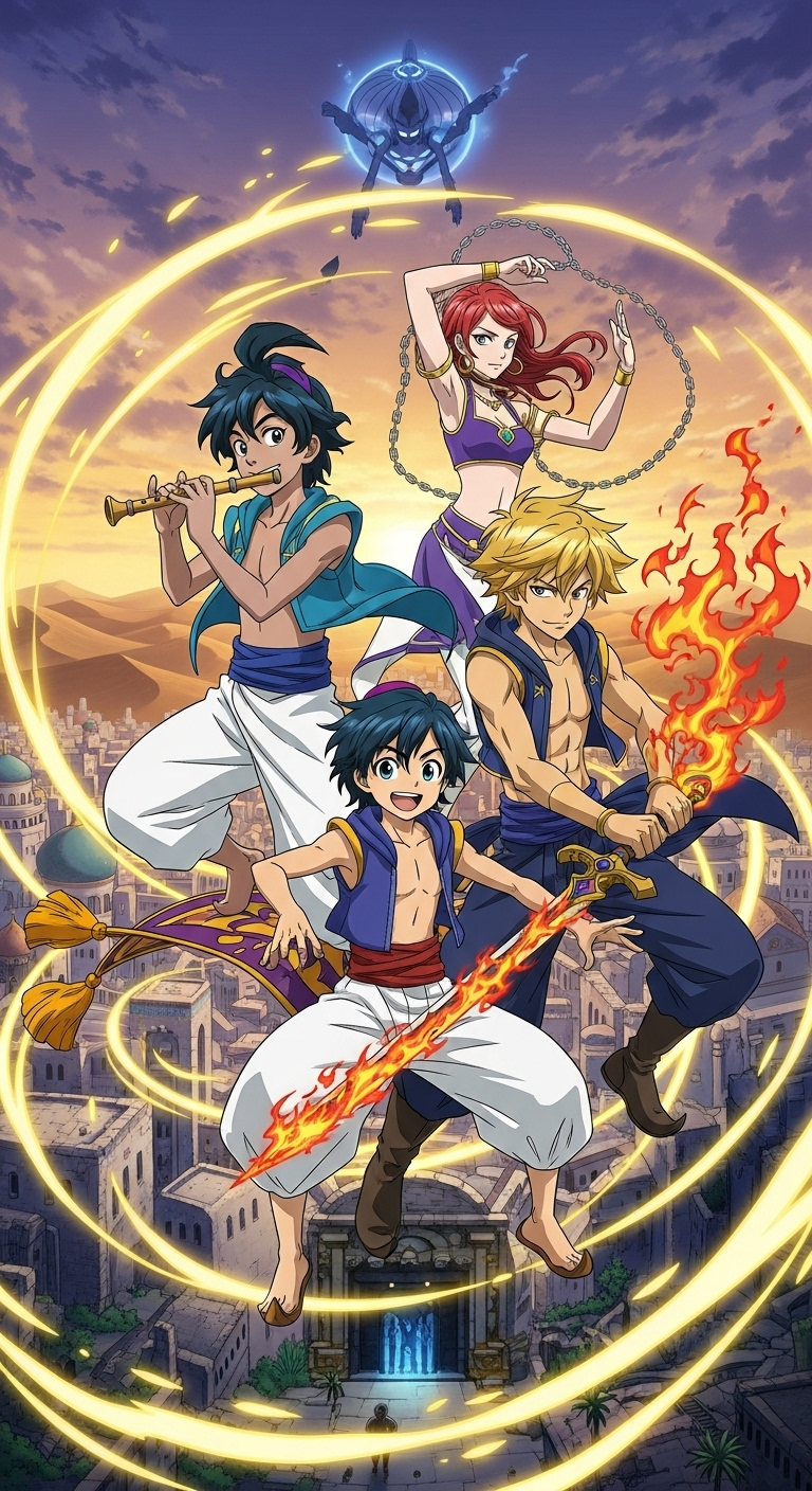 Magi The Labyrinth of Magic anime wallpaper featuring Aladdin Alibaba Morgiana and magical powers