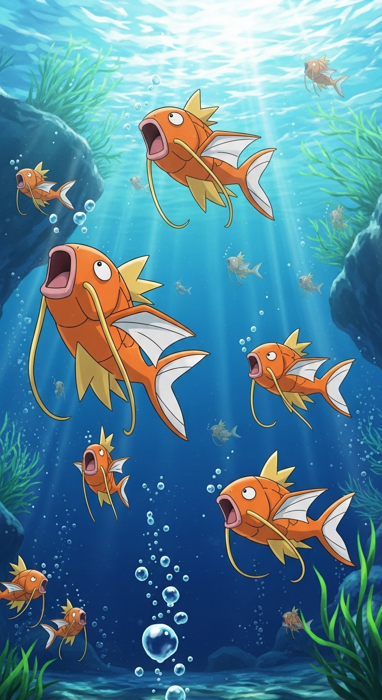 Magikarp Pokémon wallpaper underwater scene with swimming fishes in high-quality HD background