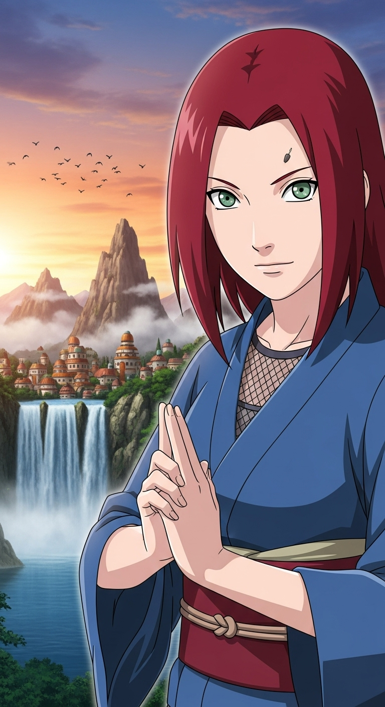 Mei Terumi Naruto anime wallpaper with ninja village background and mountain waterfall scene