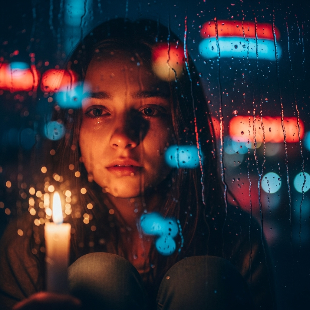 Sad young woman holding lit candle gazes through rainy window with city lights.