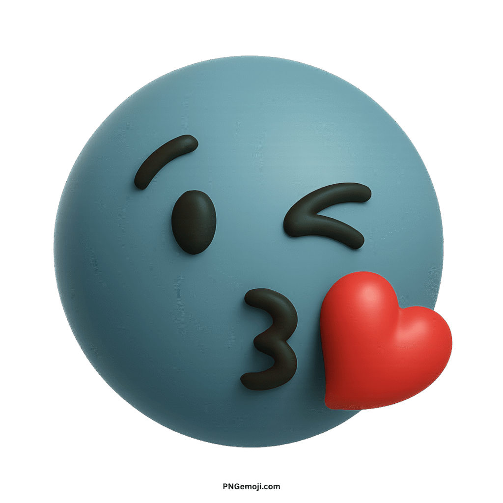  A muted blue emoji face winking and blowing a bright red heart kiss.