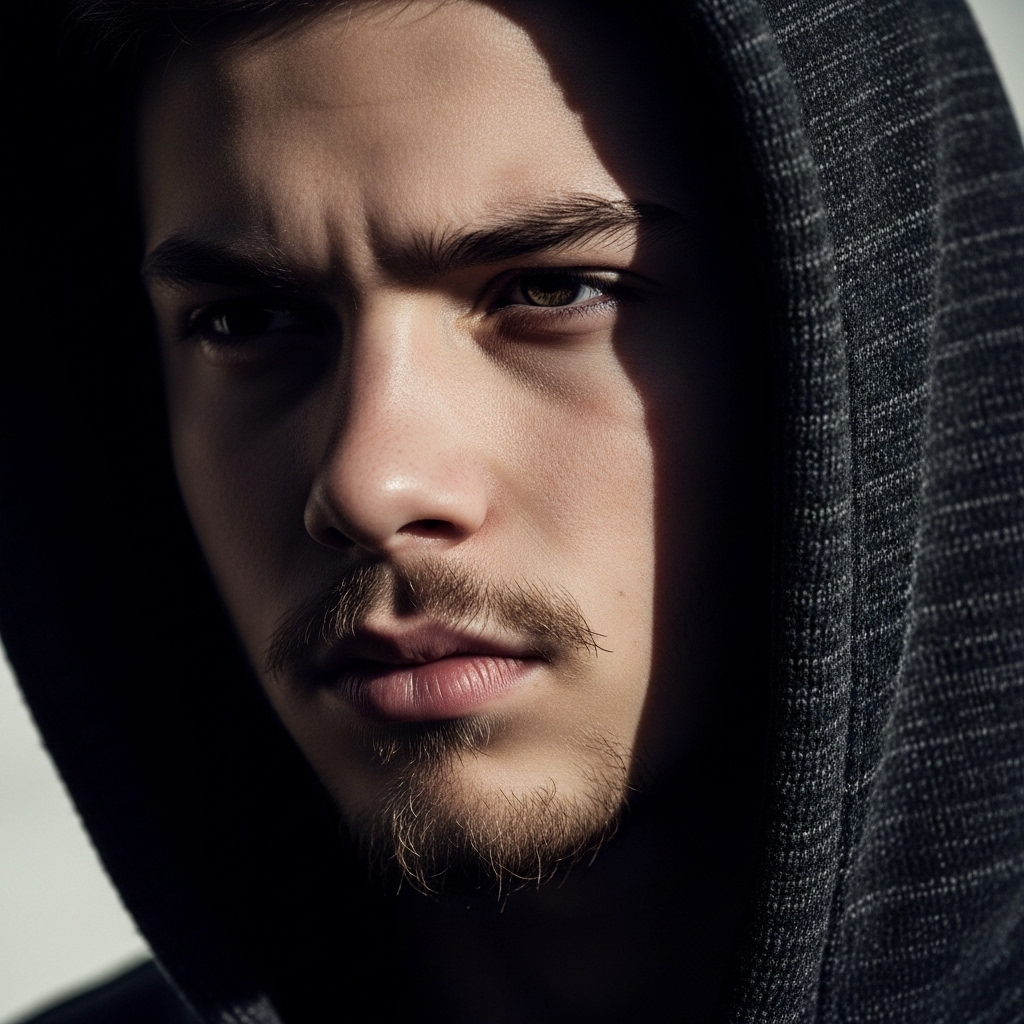 Enigmatic young man with dark hair and mustache under gray hoodie hood, intense brown eyes and furrowed brow in dramatic side-lit close-up portrait.