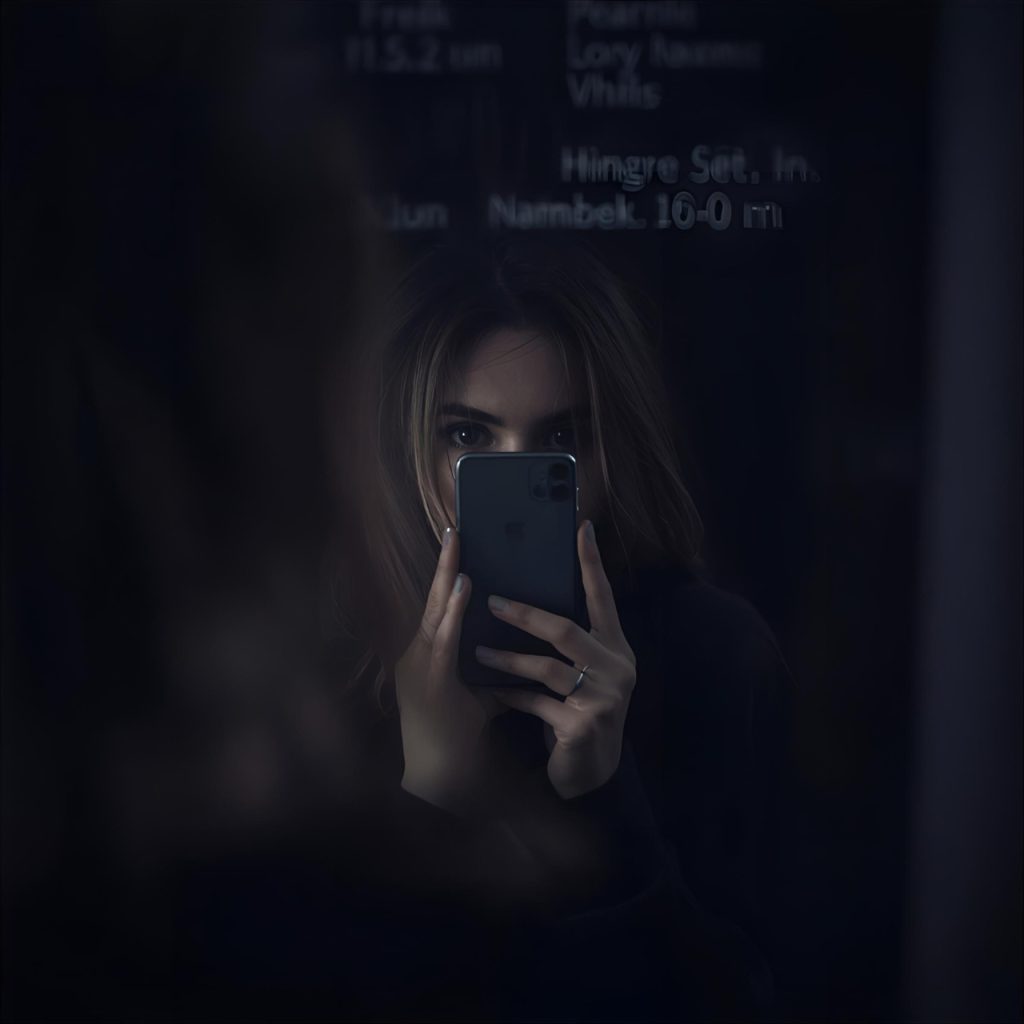 Mysterious woman with long hair using smartphone, dark background with blurred text, intense nighttime portrait.