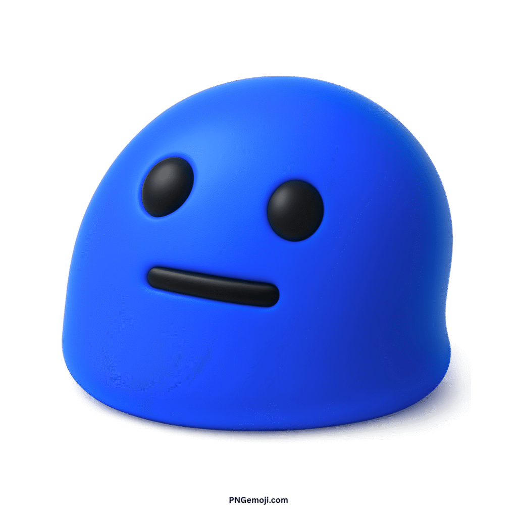 Blue blob-like neutral face emoji with black features on a dark background.