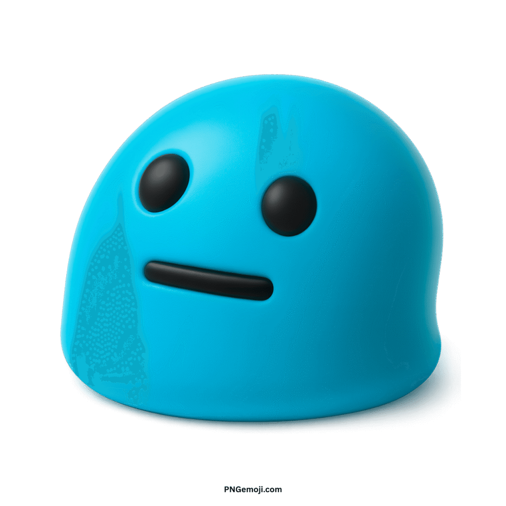 Cyan blob-like neutral face emoji with black features on a dark background.
