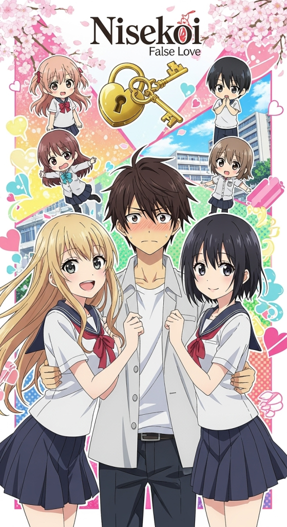 Nisekoi False Love anime wallpaper featuring Raku Ichijou, Chitoge, Kosaki and other characters in school romance