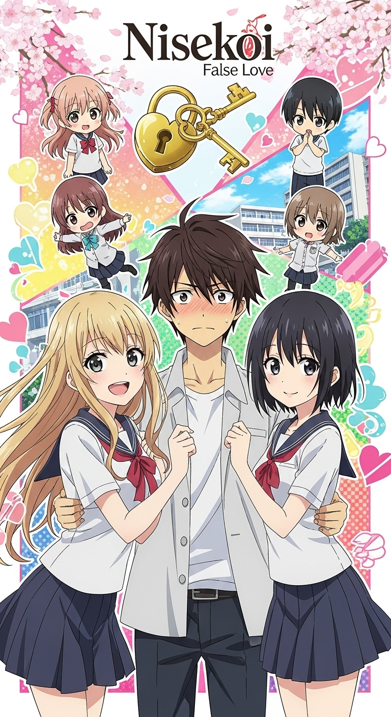 Nisekoi False Love anime wallpaper featuring Raku Ichijou, Chitoge, Kosaki and other characters in school romance