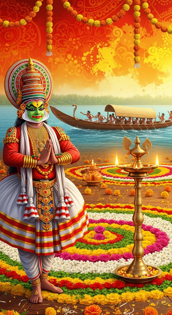 Onam wallpaper with Kathakali dancer, floral pookalam, traditional lamp and Kerala boat race