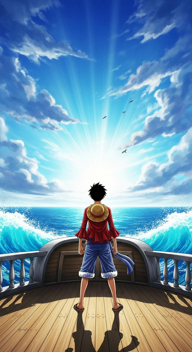 One Piece anime wallpaper featuring Monkey D. Luffy standing on ship deck
