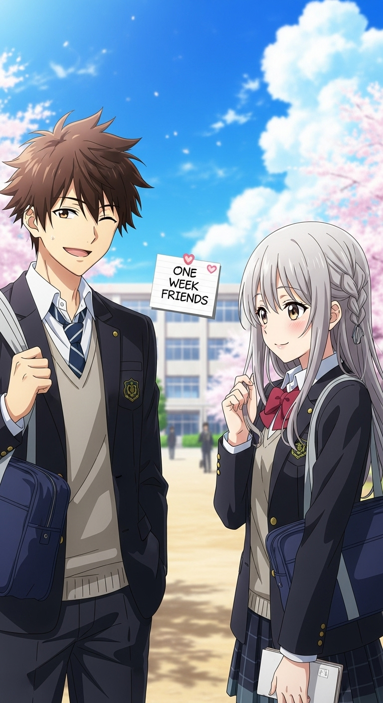 One Week Friends anime wallpaper featuring high school students in spring cherry blossom background