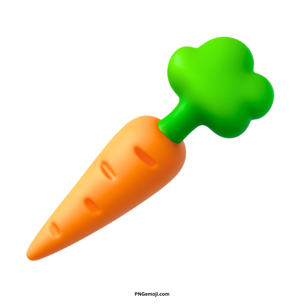 Orange carrot emoji icon with green leafy top cartoon vegetable illustration in PNG format