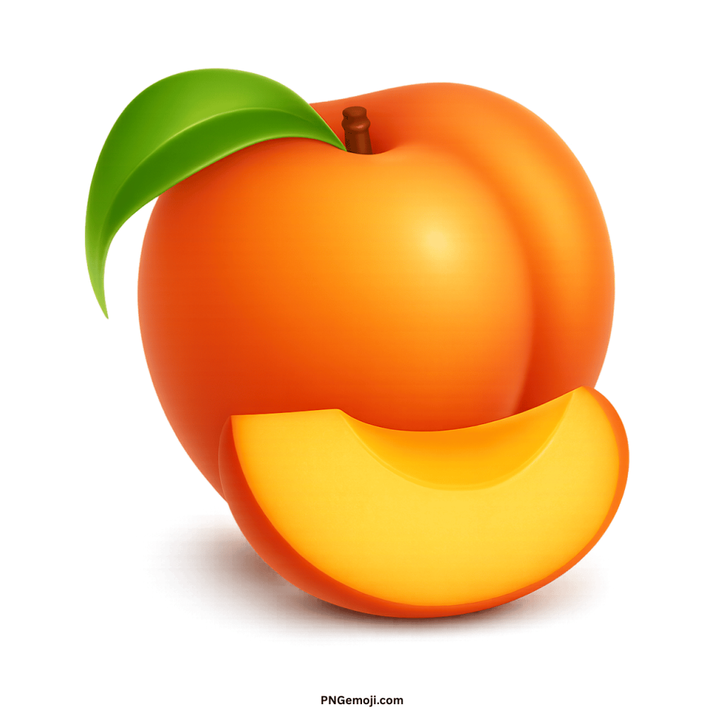 A vibrant orange peach with a green leaf and a cut slice, isolated on a black background.