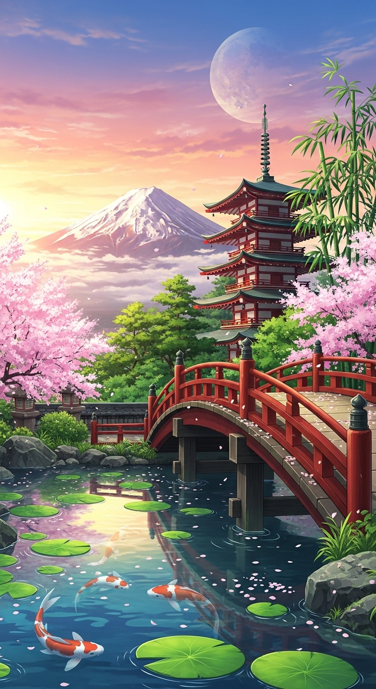 Anime Japanese garden with red bridge, koi pond, cherry blossoms, pagoda, and Mount Fuji