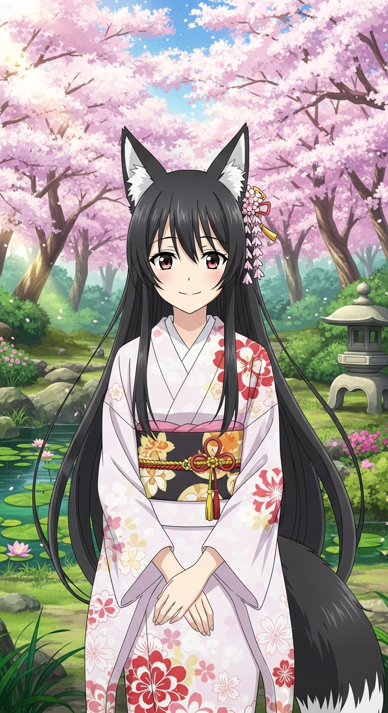 Otome Youkai Zakuro anime girl in kimono with fox ears under cherry blossoms