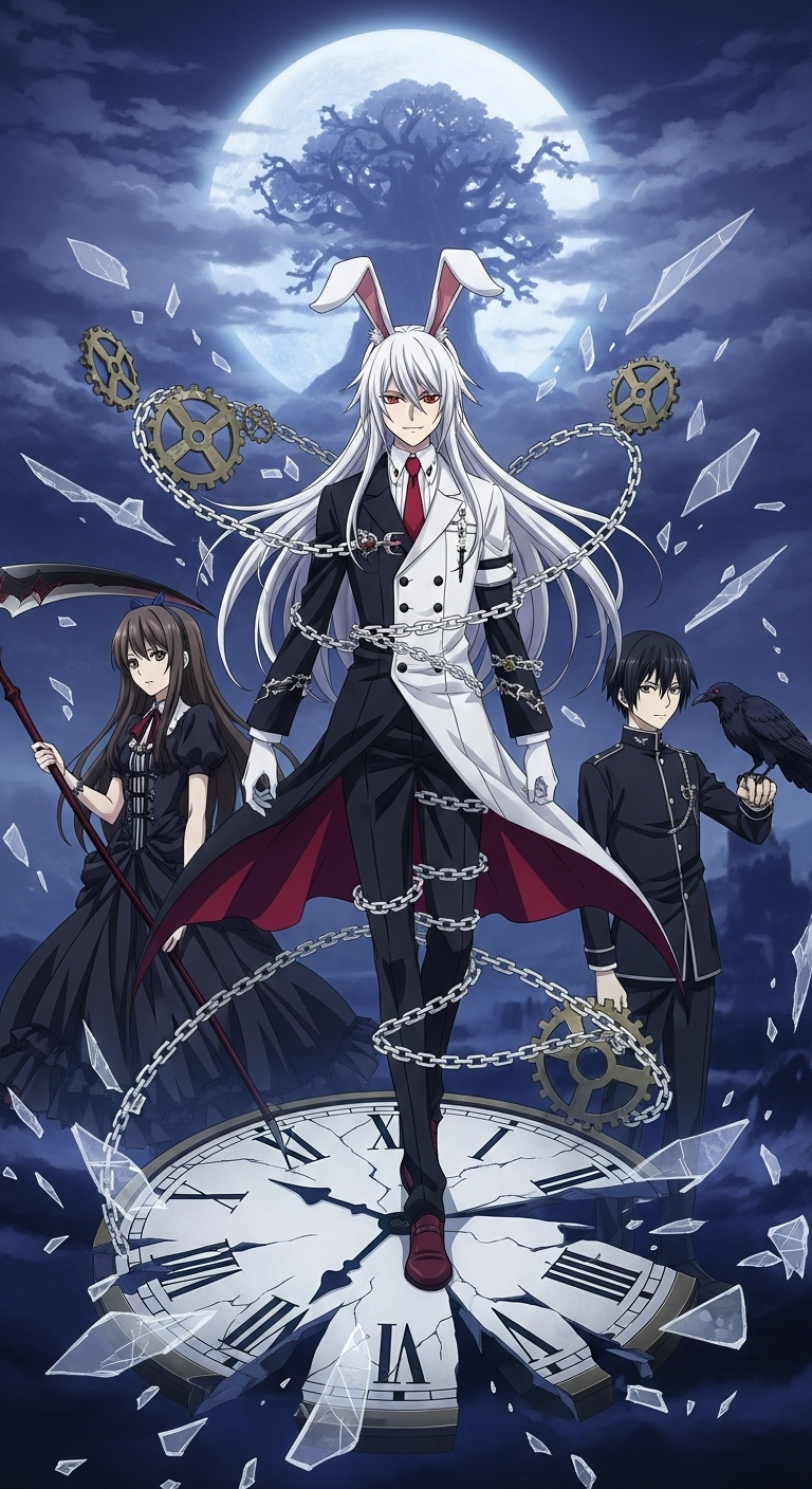 PandoraHearts anime wallpaper featuring white rabbit character with gothic clock and moon background