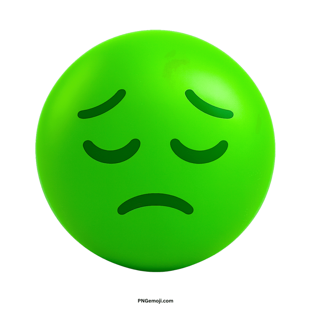 Pensive green emoji with closed eyes and a down-turned mouth, conveying sadness or deep thought.