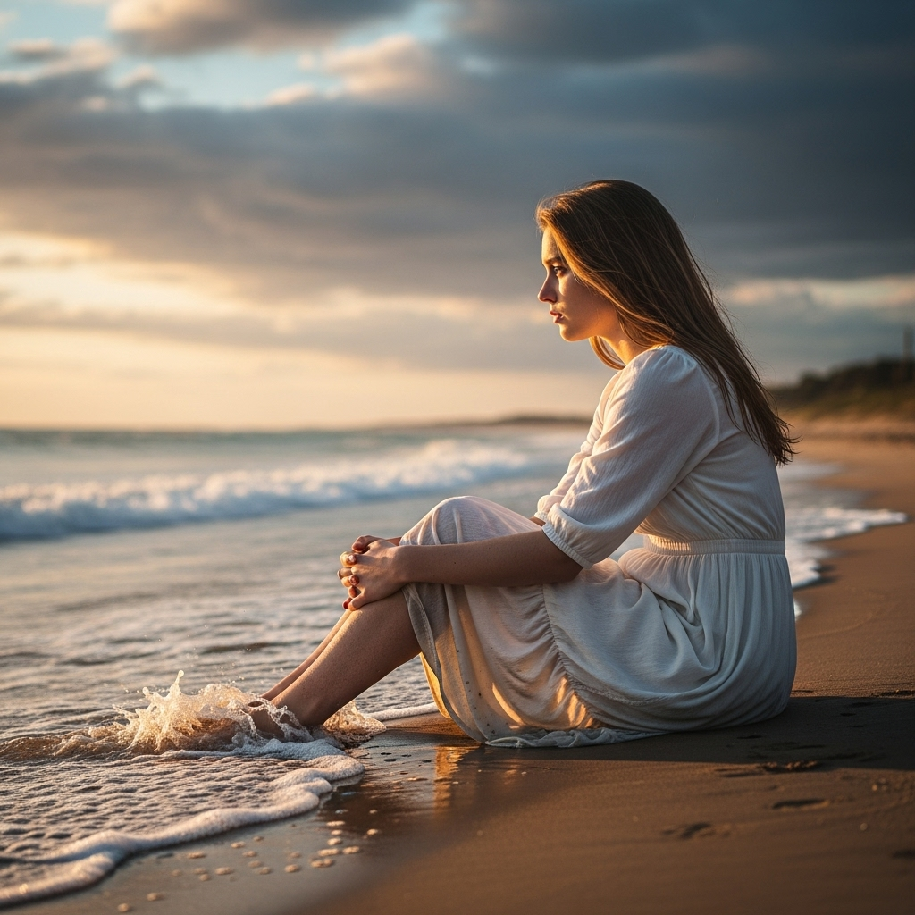 Young woman in white dress sits thoughtfully on beach at golden hour sunset.
