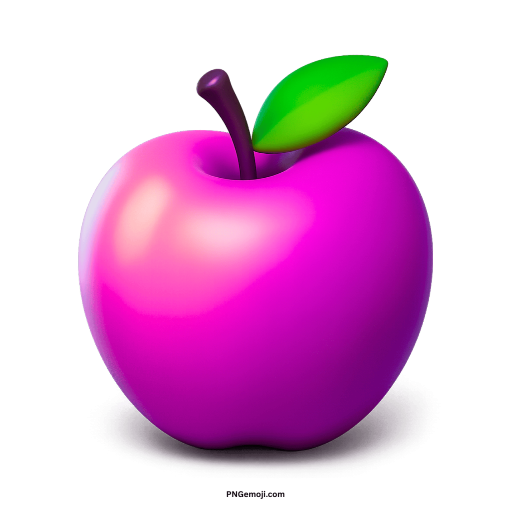 A glossy 3D pink apple emoji with a bright green leaf and a dark stem on a black background.