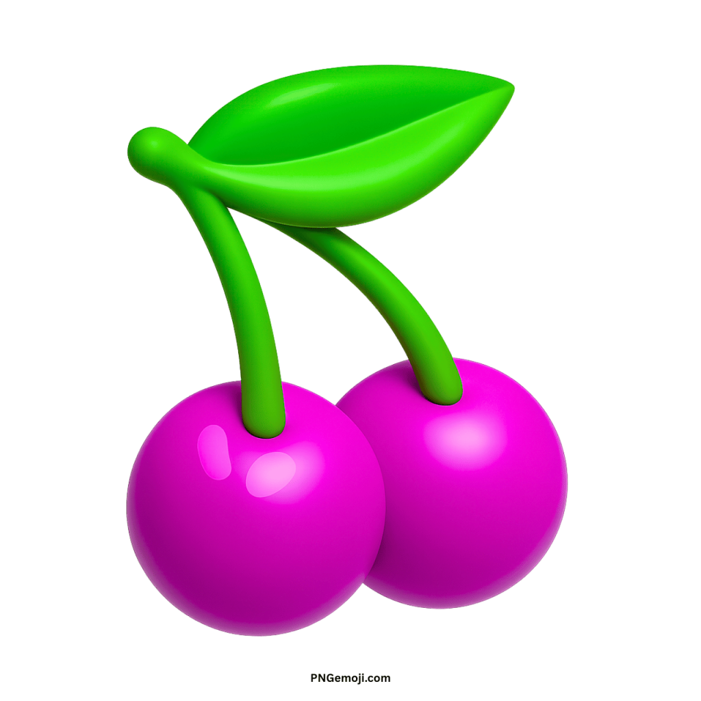 3D vibrant pink cherries emoji with a bright green leaf on a stem.