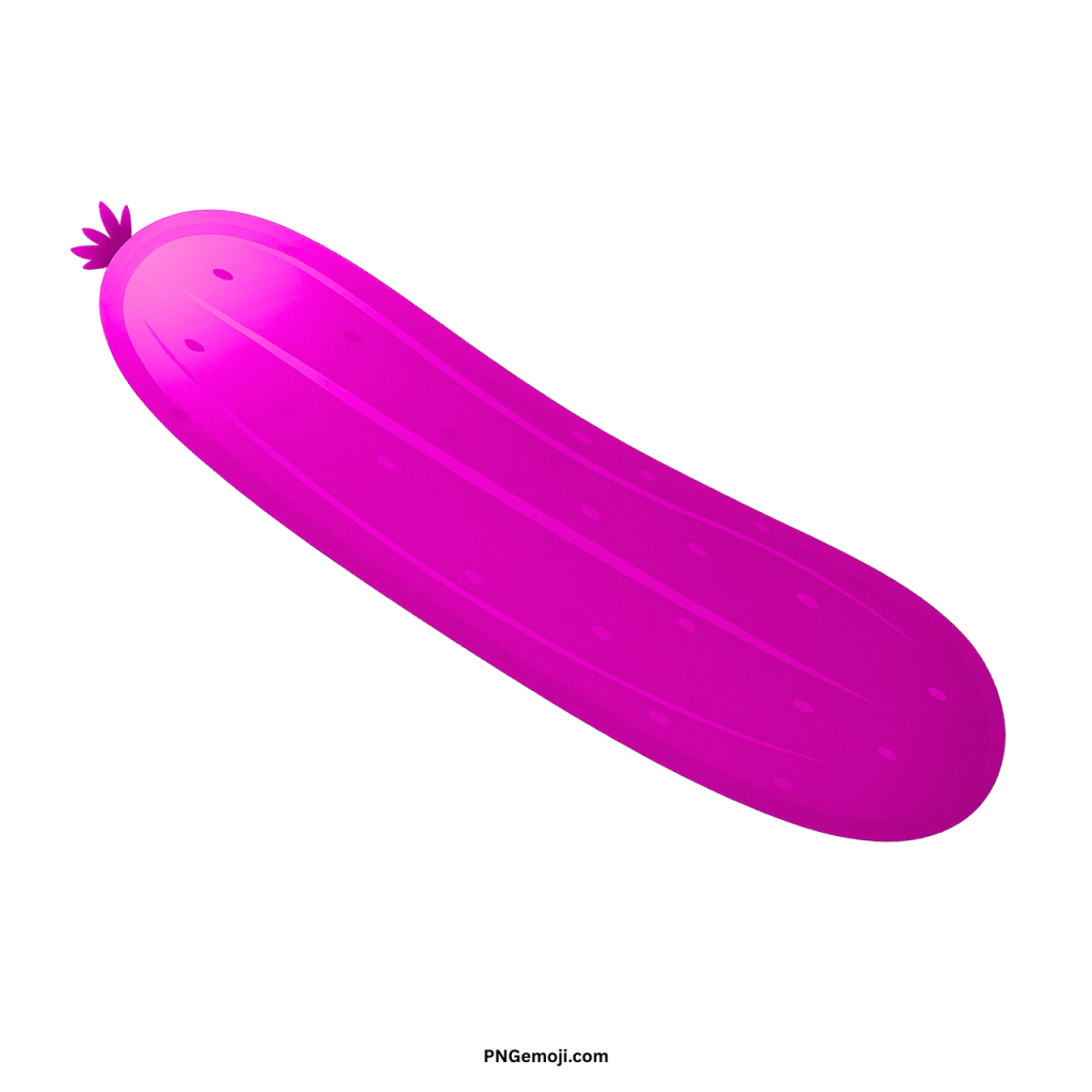 Pink cucumber emoji clipart, whimsical cartoon illustration of a fresh, colorful vegetable.