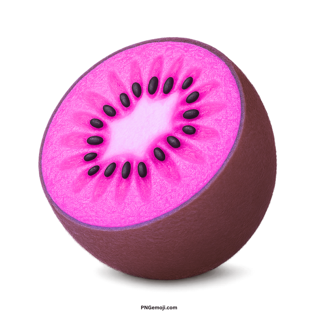 A vibrant pink kiwi fruit emoji, halved to reveal its bright magenta flesh and dark seed