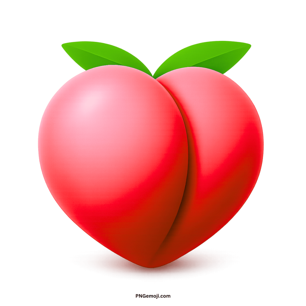 Pink peach emoji icon with green leaves, symbolizing love, sweetness, and playful digital expression.