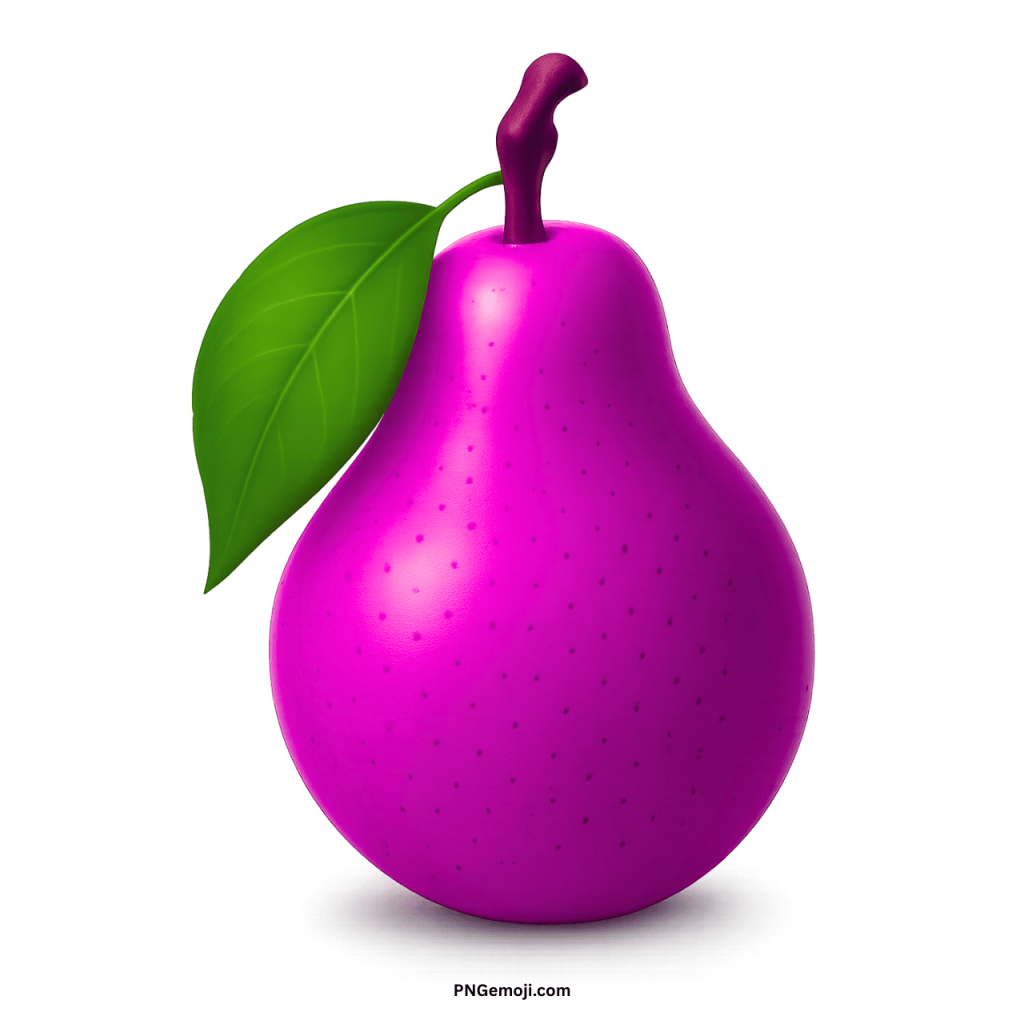 A bright magenta pink pear with a dark purple stem and a vibrant green leaf on a black background.