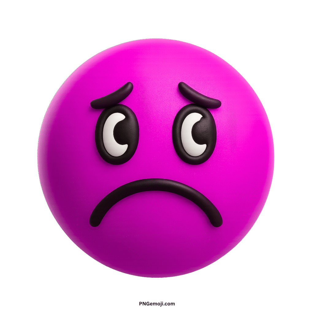 A melancholy pink emoji with a sad face, downturned mouth, and worried eyes.