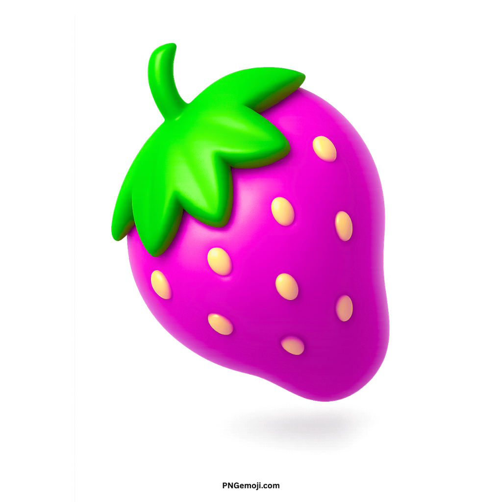 Vibrant 3D rendered pink strawberry emoji with green stem and yellow seeds.