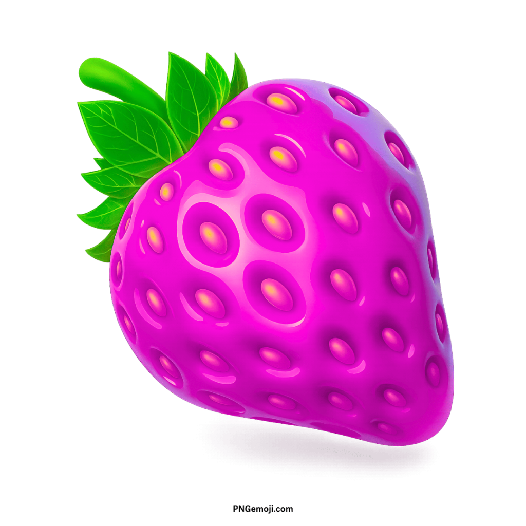 A vibrant, glossy magenta-pink strawberry with glowing yellow seeds and green leaves on a black background.