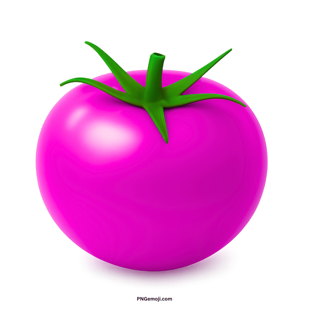 A vibrant pink tomato with a bright green stem against a solid black backdrop.