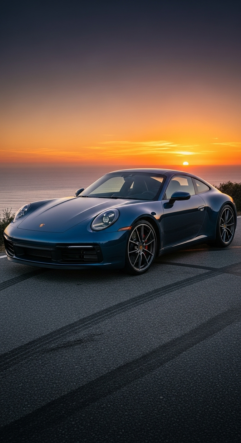 Luxury Porsche 911 blue sports car wallpaper with sunset view near seaside road