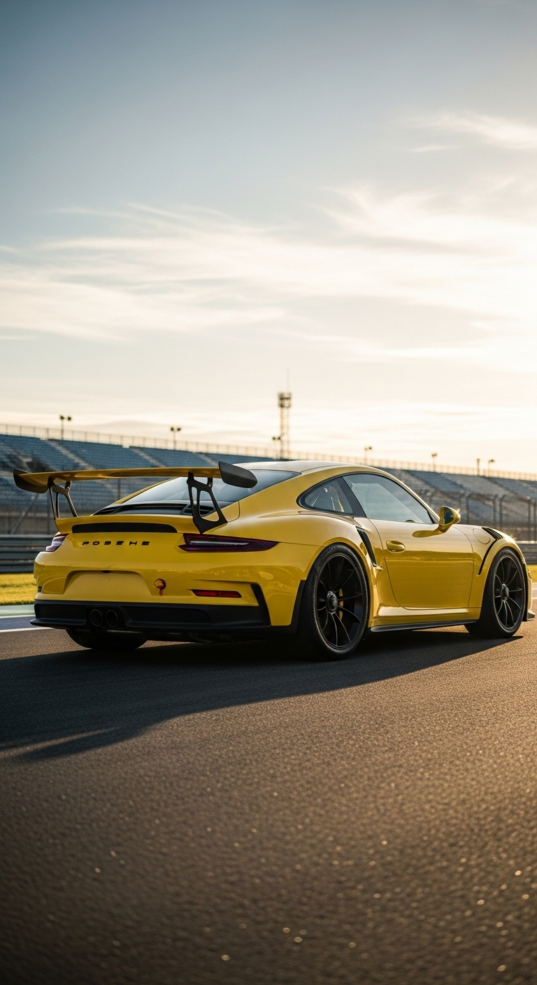 Yellow Porsche 911 GT3 RS sports car on racing track with sunset view