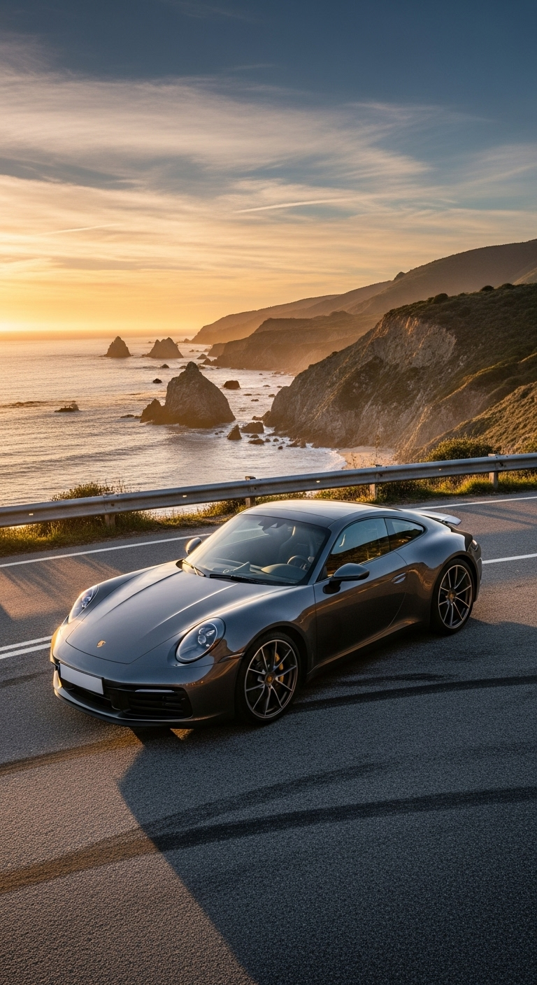 Porsche 911 sports car wallpaper on coastal highway with ocean sunset view