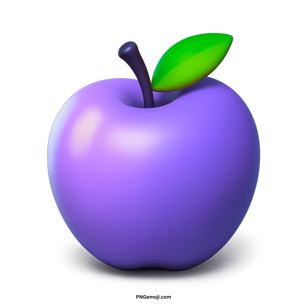  A realistic 3D purple apple emoji with a bright green leaf and a dark stem on a black background.