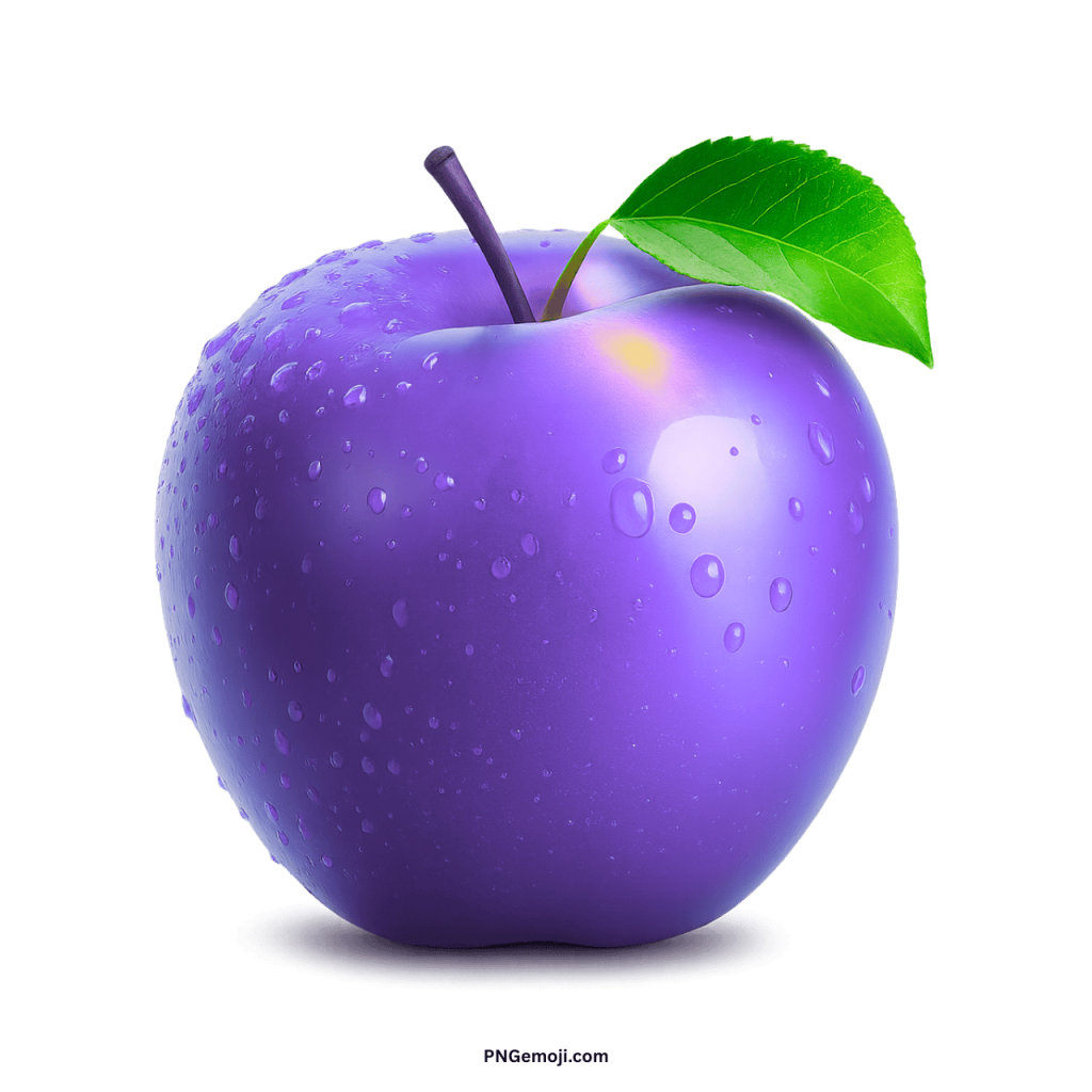 A vibrant purple apple with a glossy texture, covered in water droplets and a fresh green leaf.