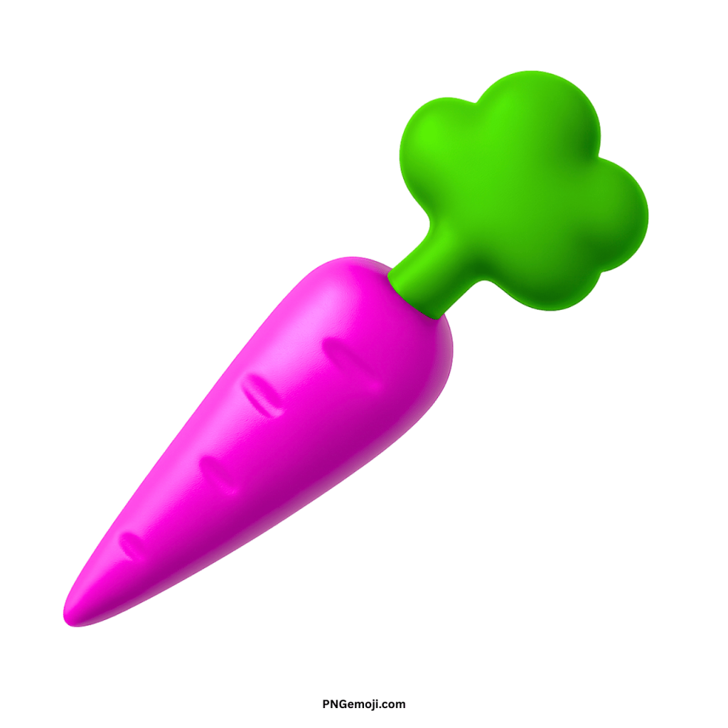 3D purple carrot emoji with green leaves, vibrant vegetable symbol for creative design