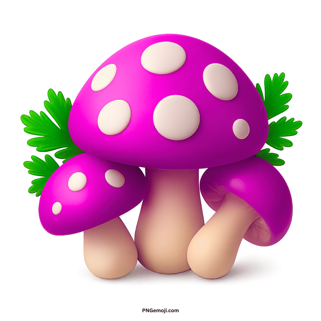 Purple cartoon mushroom PNG with white spots and leafy green accents in high resolution