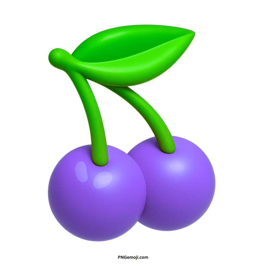  A 3D vibrant purple cherries emoji with a bright green leaf on a stem.