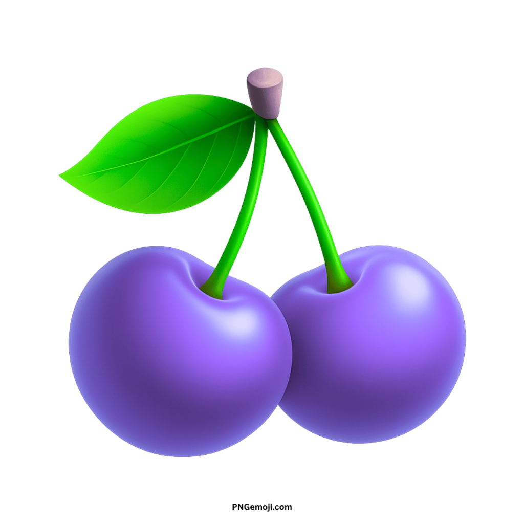 A pair of vibrant purple cherries with a shiny surface and a green leaf.
