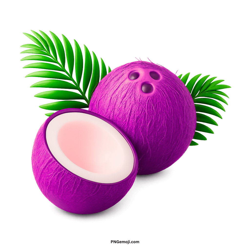 Purple coconut fruit with palm leaves, tropical exotic coconut PNG creative design illustration