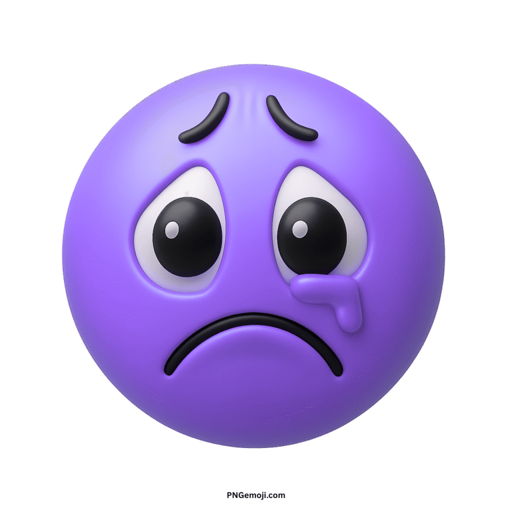 Purple crying face emoji PNG with teardrop, sad curved mouth, and sorrowful emotional eyes
