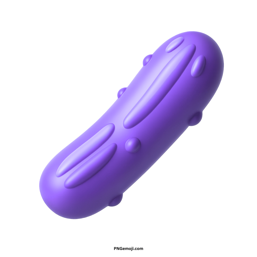  3D purple cucumber emoji icon, stylized amethyst pickle, unique garden food graphic symbol.