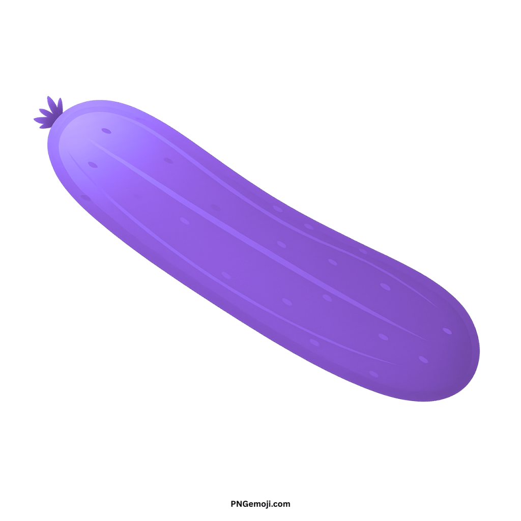 Purple cucumber emoji clipart, whimsical cartoon illustration of a unique fresh vegetable.